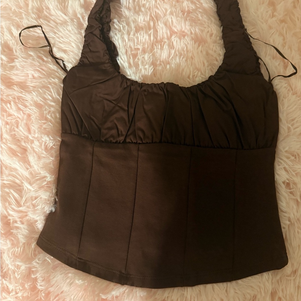 NWT Zara Brown Mixed Interlock Poplin Ruched Crop Top - Picture 6 of 7